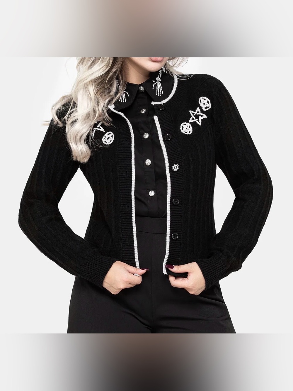 (NWOT) Black Cardigan with White Trim and Embroidered Stars